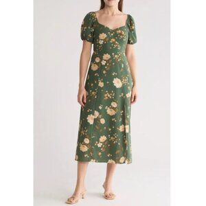 NWT Floral Puff Sleeve Midi Dress Green Size Medium